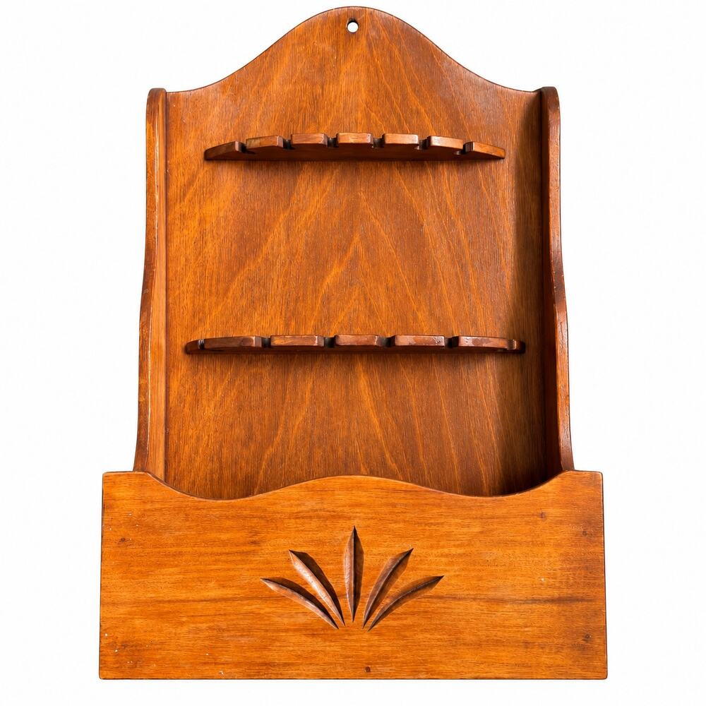 Vintage Wood Souvenir Spoon Rack Wall Pocket 12 Slot Farmhouse Cottage Fan Motif